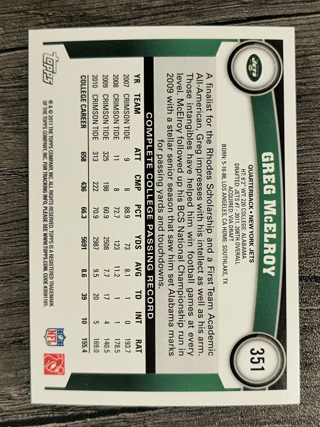 2011 Topps #351 Greg McElroy RC