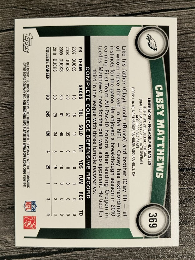 2011 Topps #369 Casey Matthews RC