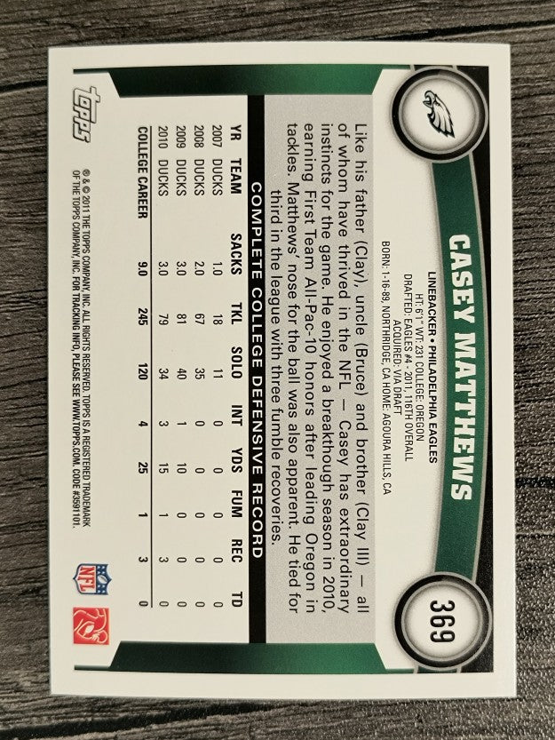 2011 Topps #369 Casey Matthews RC