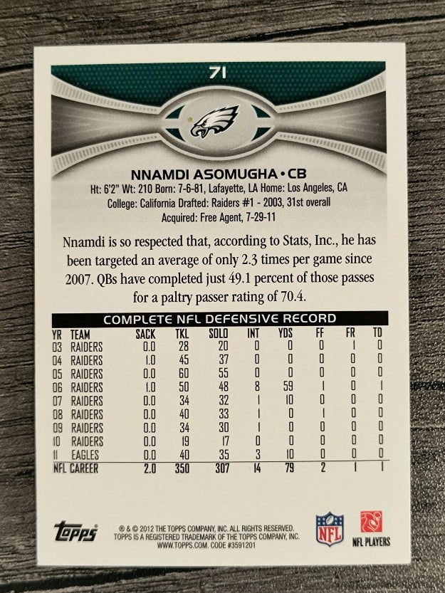 2012 Topps #71 Nnamdi Asomugha