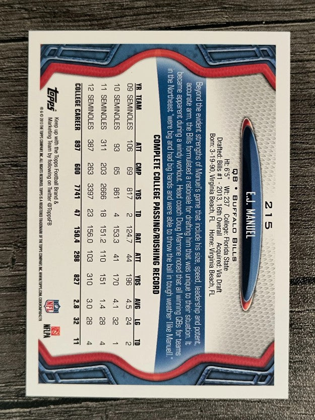 2013 Topps #215A EJ Manuel RC/scrambling pose/running sideways