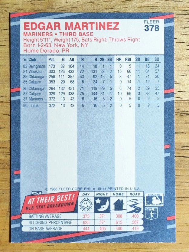 1988 Fleer #378 Edgar Martinez RC