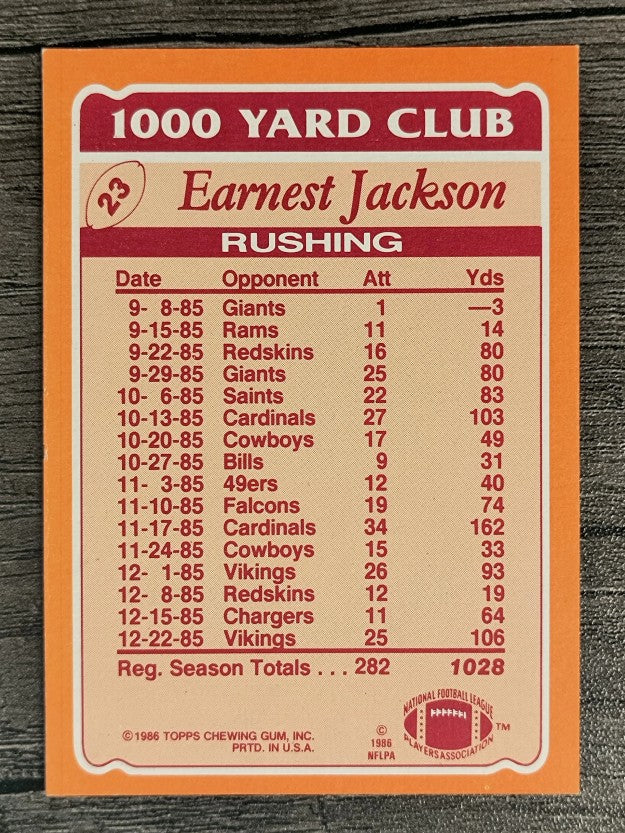 1986 Topps 1000 Yard Club #23 Earnest Jackson