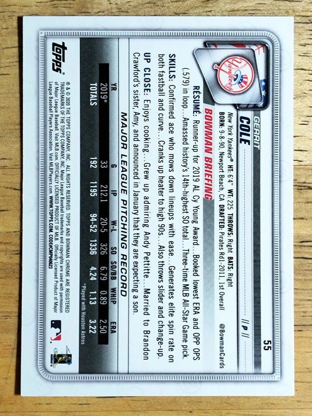 2020 Bowman Chrome #55 Gerrit Cole