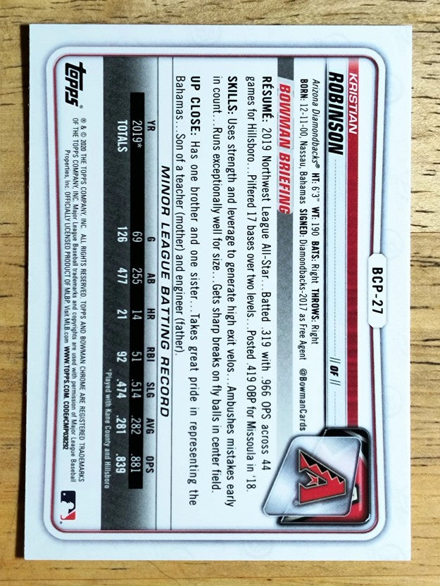 2020 Bowman Chrome Prospects #BCP27 Kristian Robinson