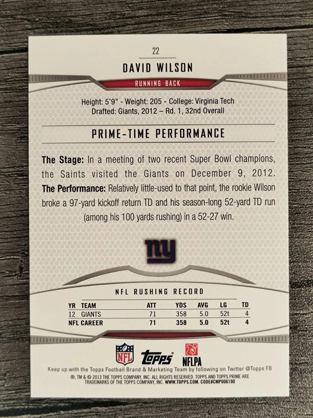 2013 Topps Prime Retail #22 David Wilson