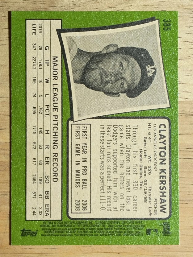 2020 Topps Heritage #385 Clayton Kershaw