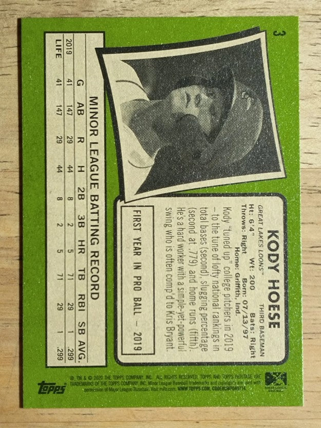 2020 Topps Heritage Minors #3 Kody Hoese