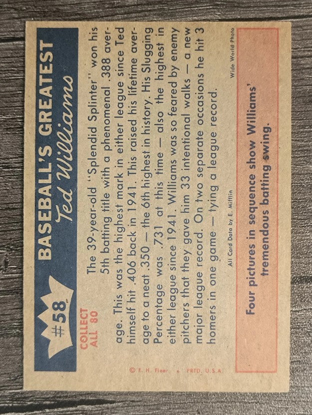 1959 Fleer Ted Williams #58 Ted Williams Hits .388 (NM)