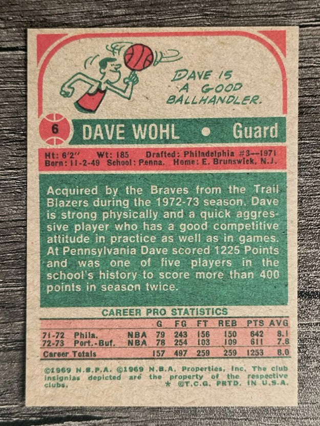 1973-74 Topps #6 Dave Wohl (EX)