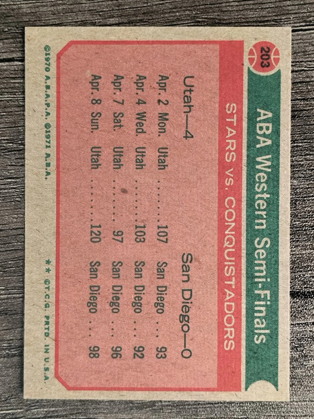 1973-74 Topps #203 ABA Western Semis/Stars sweep Q's in Four Straight (NMMT)