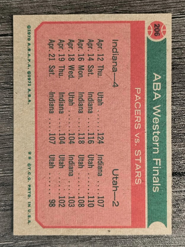 1973-74 Topps #206 ABA Western Finals/Pacers nip bitter rival & Stars (EX)