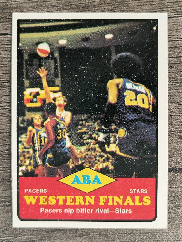 1973-74 Topps #206 ABA Western Finals/Pacers nip bitter rival & Stars (EX)