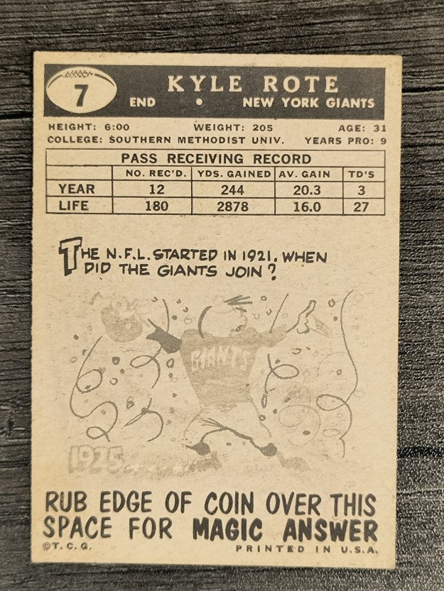 1959 Topps #7 Kyle Rote (VGEX)