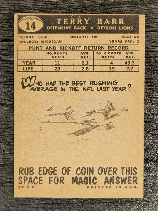 1959 Topps #14 Terry Barr RC (VGEX)