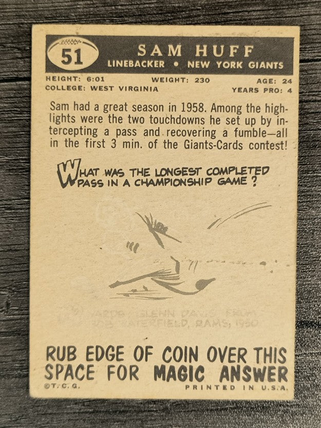 1959 Topps #51 Sam Huff RC (VG)