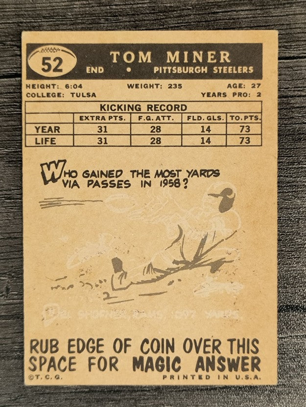 1959 Topps #52 Tom Miner RC (VGEX)