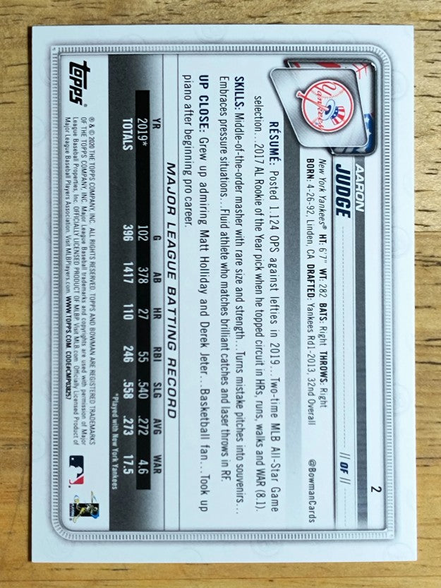 2020 Bowman #2 Aaron Judge