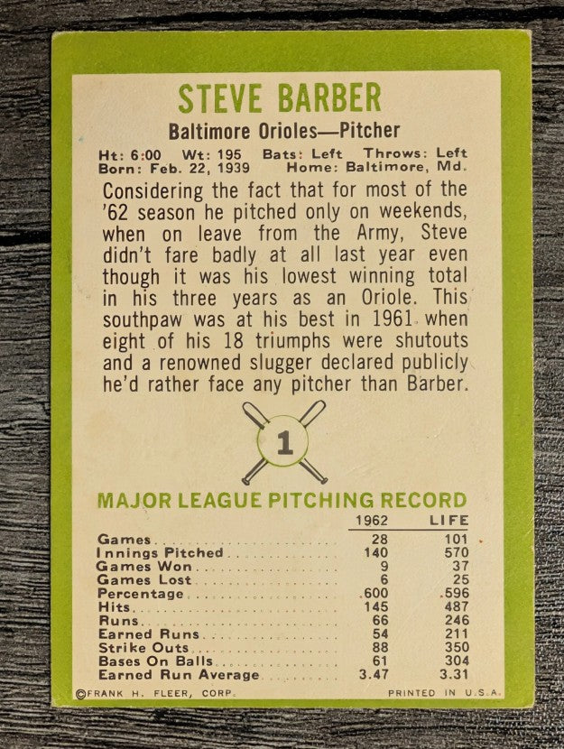 1963 Fleer #1 Steve Barber (VG)