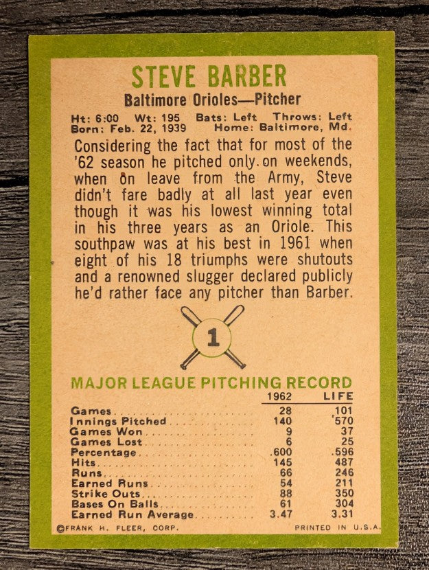 1963 Fleer #1 Steve Barber (EXMT)
