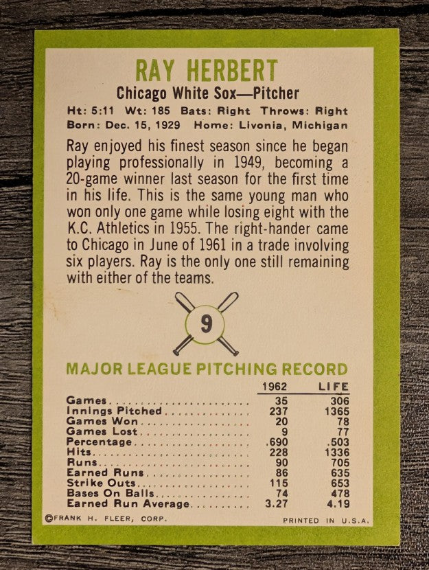 1963 Fleer #9 Ray Herbert (EX)