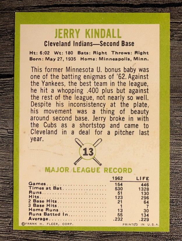 1963 Fleer #13 Jerry Kindall (VGEX)