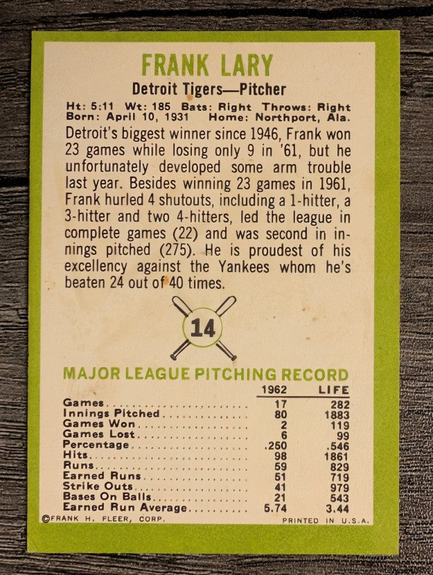 1963 Fleer #14 Frank Lary (VGEX)