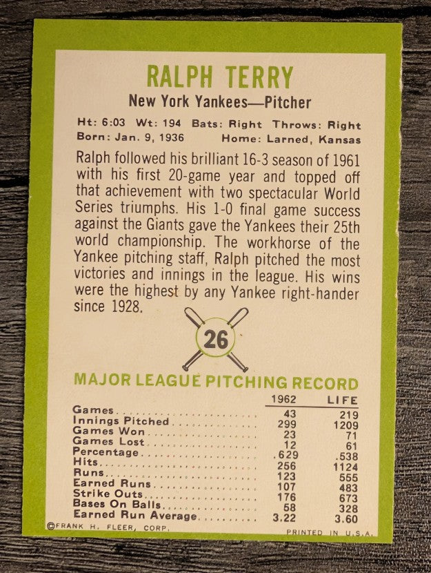 1963 Fleer #26 Ralph Terry (EX)