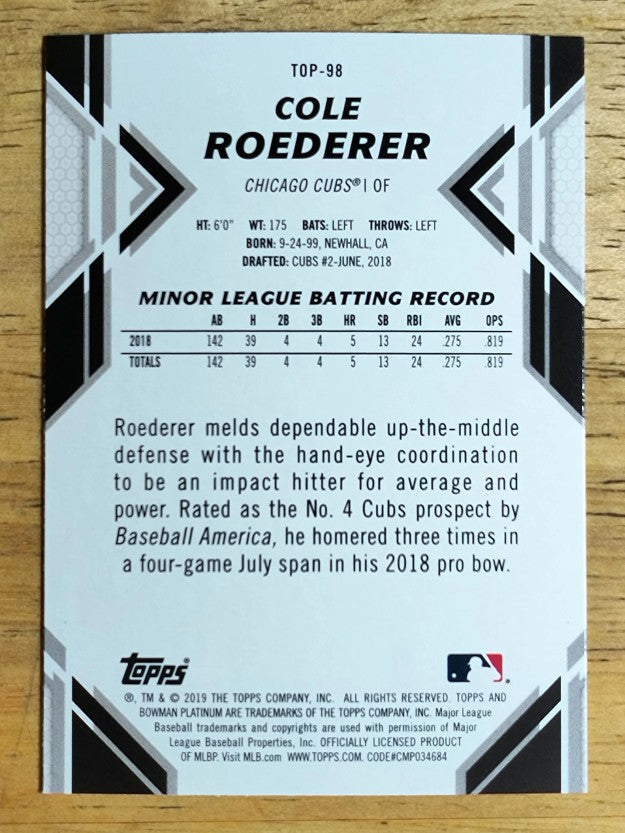 2019 Bowman Platinum Top Prospects #TOP98 Cole Roederer