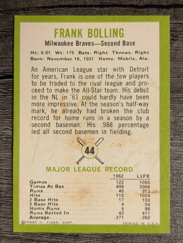 1963 Fleer #44 Frank Bolling (VGEX)