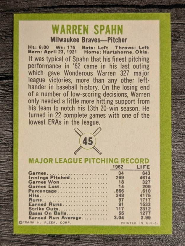 1963 Fleer #45 Warren Spahn (EX)