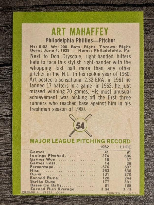 1963 Fleer #54 Art Mahaffey (VGEX)