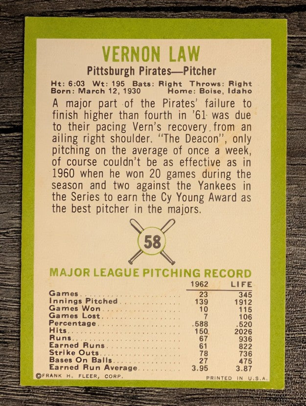 1963 Fleer #58 Vern Law (EX)