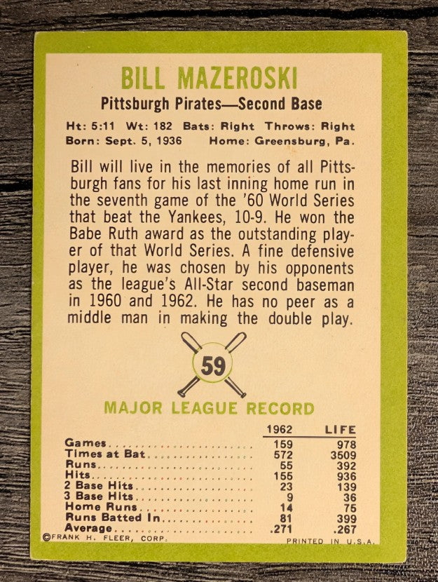 1963 Fleer #59 Bill Mazeroski (EX)