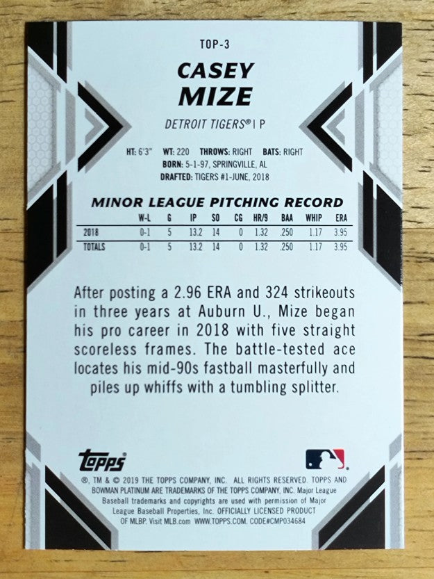 2019 Bowman Platinum Top Prospects #TOP3 Casey Mize