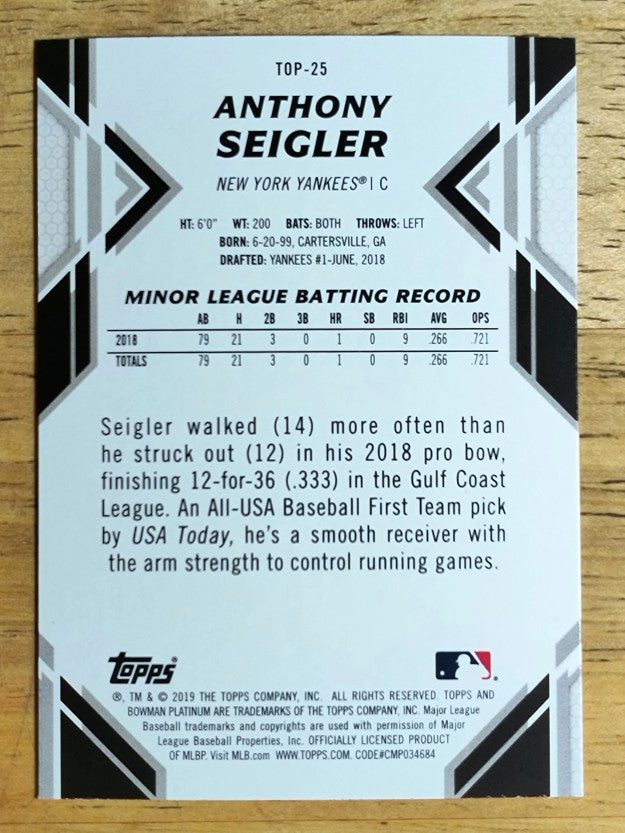 2019 Bowman Platinum Top Prospects #TOP25 Anthony Seigler
