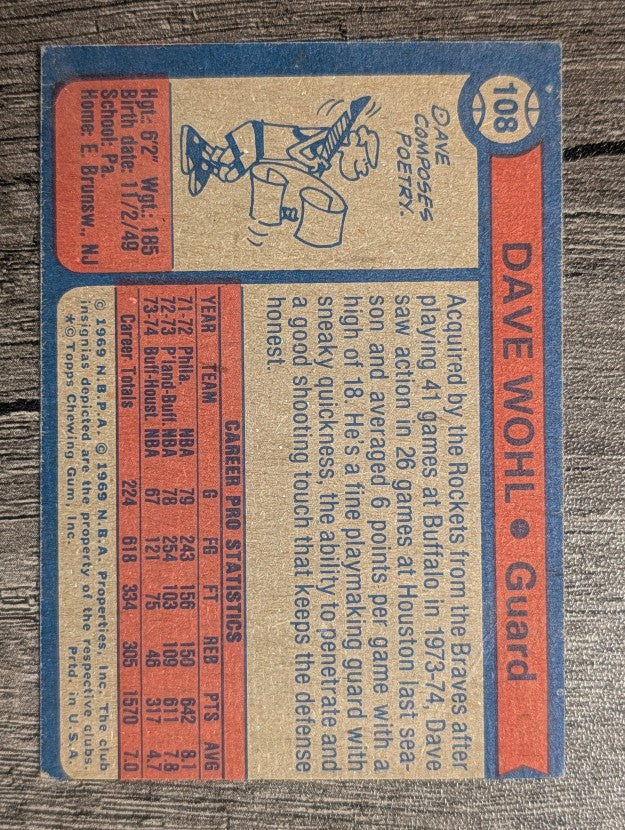 1974-75 Topps #108 Dave Wohl (VG)