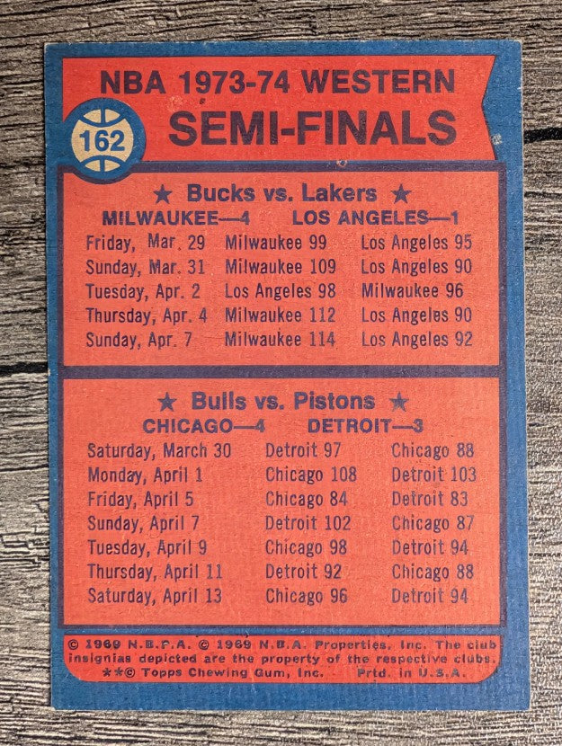 1974-75 Topps #162 NBA Western Semis/Bucks over Lakers/Bulls edge Pistons (VG)