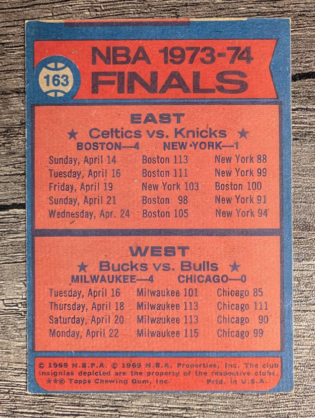 1974-75 Topps #163 NBA Division Finals/Celts over Knicks/Bucks sweep Bulls (EX)
