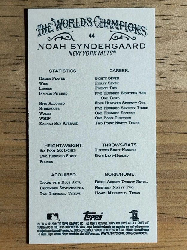 2019 Topps Allen and Ginter Mini #44 Noah Syndergaard