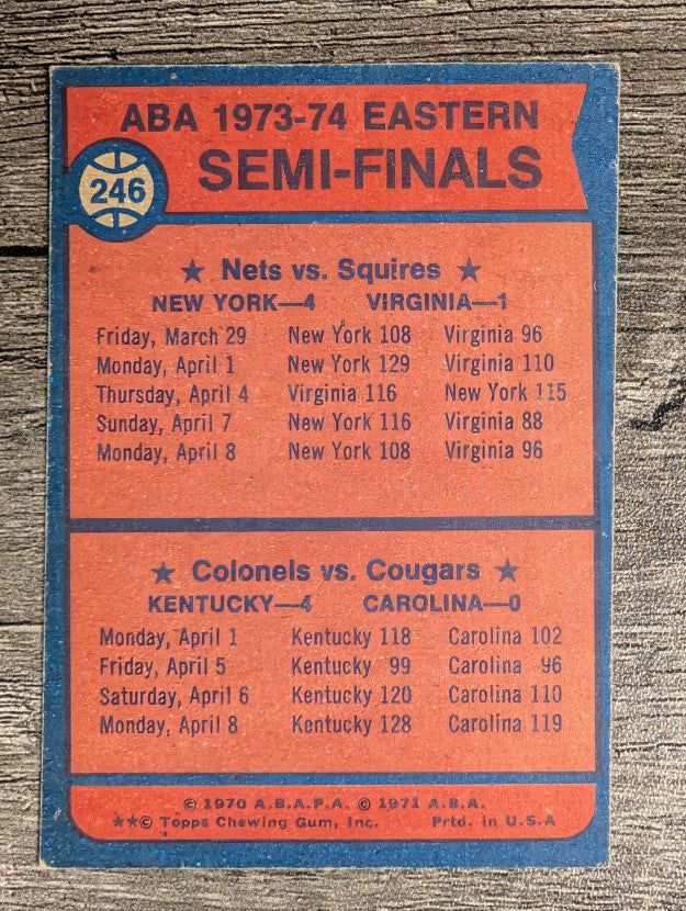 1974-75 Topps #246 ABA Semis/Nets over Squires/Colonels sweep Cougars (EX)