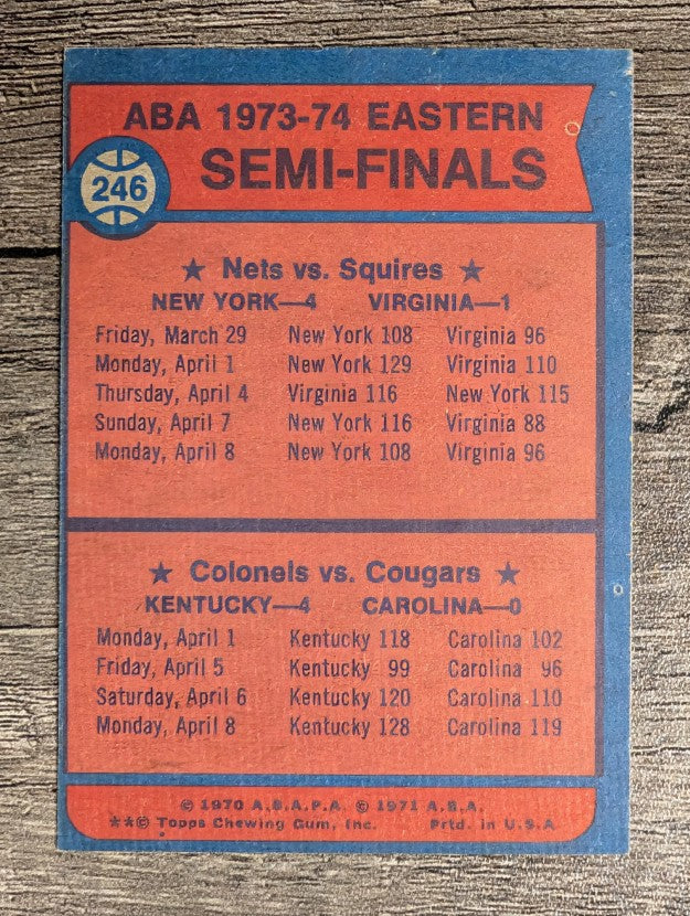 1974-75 Topps #246 ABA Semis/Nets over Squires/Colonels sweep Cougars (EXMT)