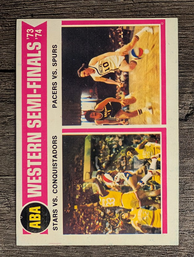 1974-75 Topps #247 ABA Semis/Stars over Conquistadors/Pacers over Spurs (EX)