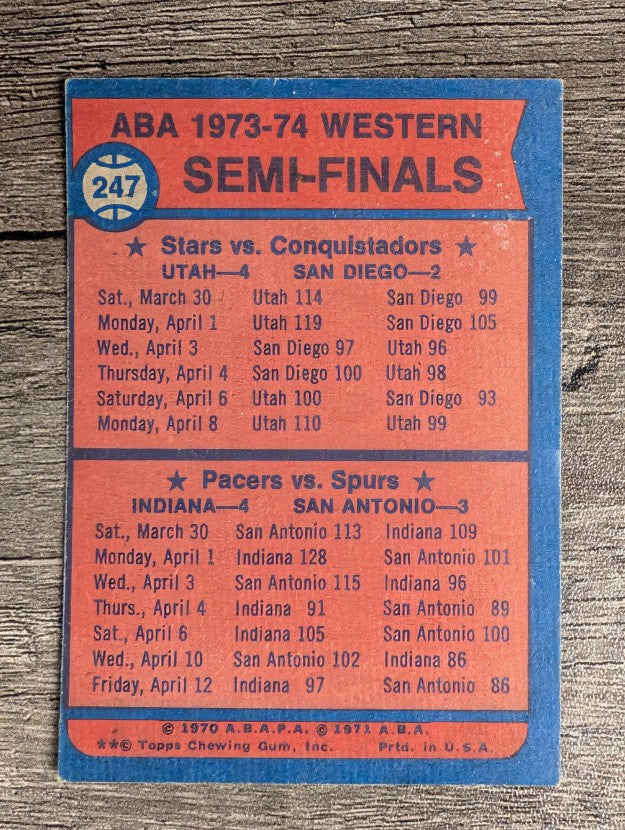 1974-75 Topps #247 ABA Semis/Stars over Conquistadors/Pacers over Spurs (VGEX)