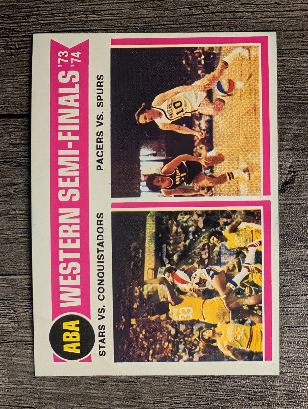 1974-75 Topps #247 ABA Semis/Stars over Conquistadors/Pacers over Spurs (VGEX)