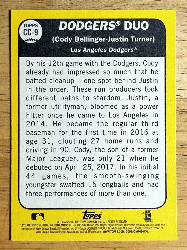 2017 Topps Heritage Combo Cards #CC9 Justin Turner/Cody Bellinger