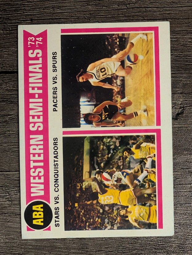 1974-75 Topps #247 ABA Semis/Stars over Conquistadors/Pacers over Spurs (EXMT)