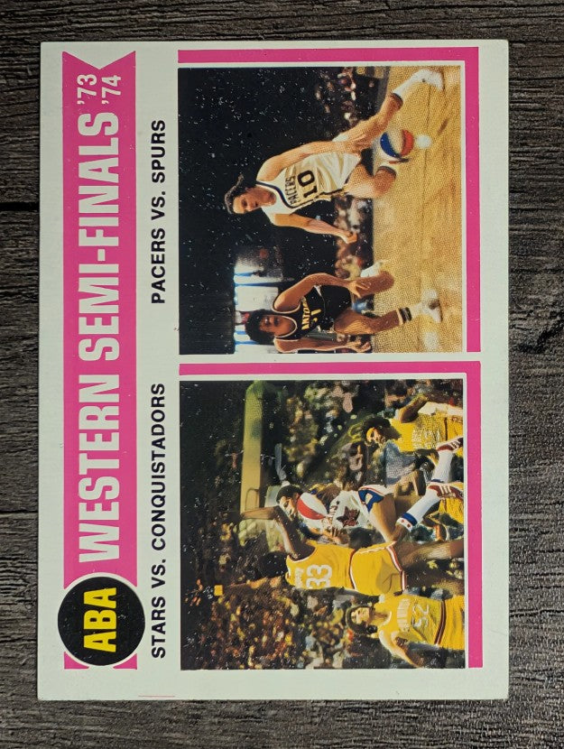 1974-75 Topps #247 ABA Semis/Stars over Conquistadors/Pacers over Spurs (EX)