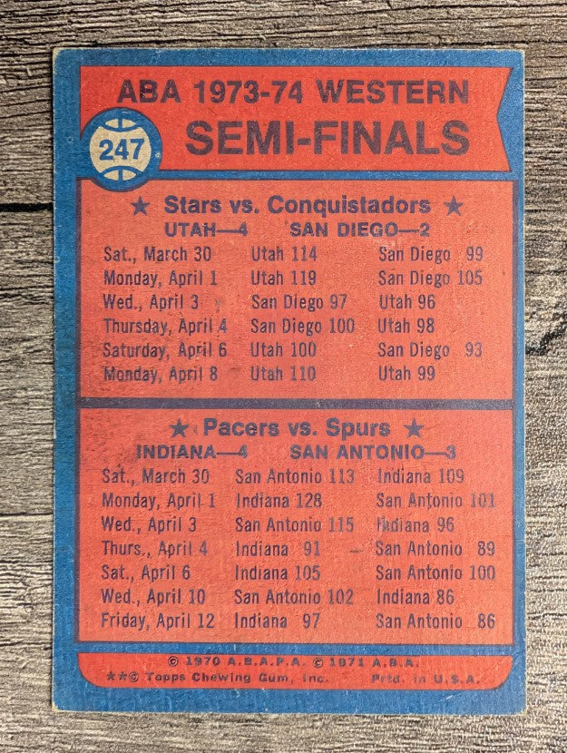 1974-75 Topps #247 ABA Semis/Stars over Conquistadors/Pacers over Spurs (VG)