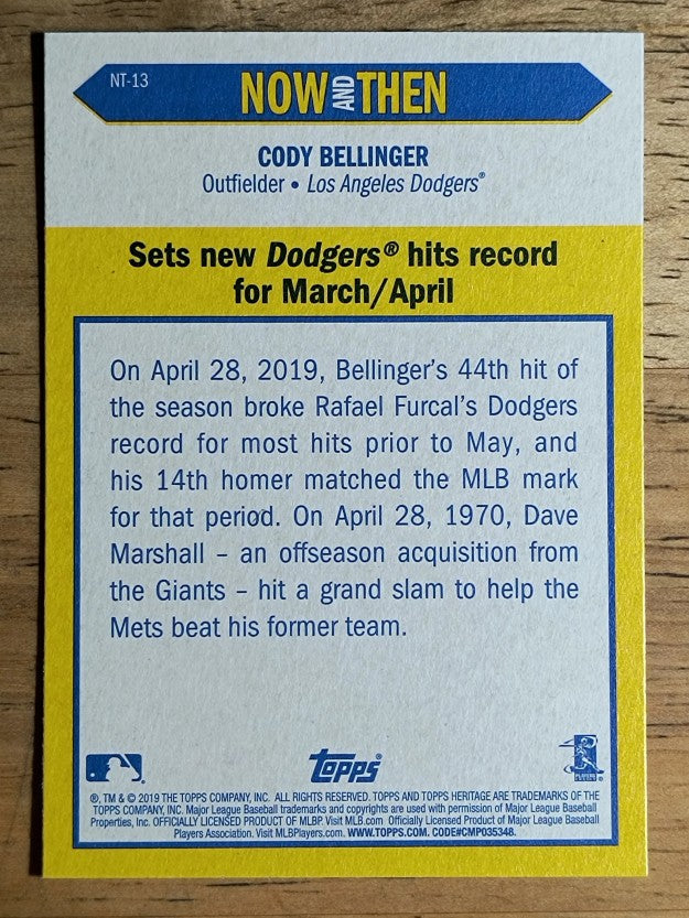 2019 Topps Heritage Now and Then #NT13 Cody Bellinger